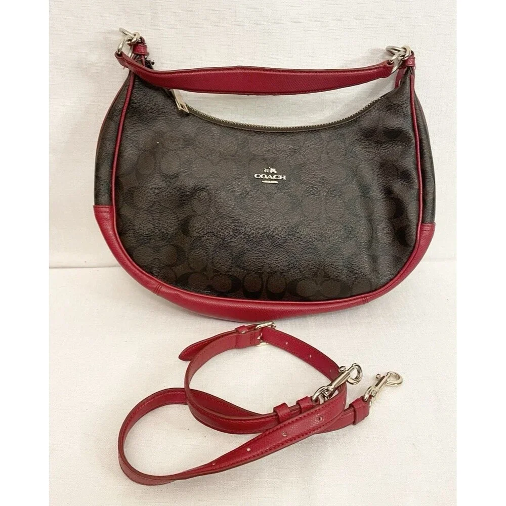 Coach 38267 Harley Signature Coated Leather Hobo Bag Handbag Purse Brown Red